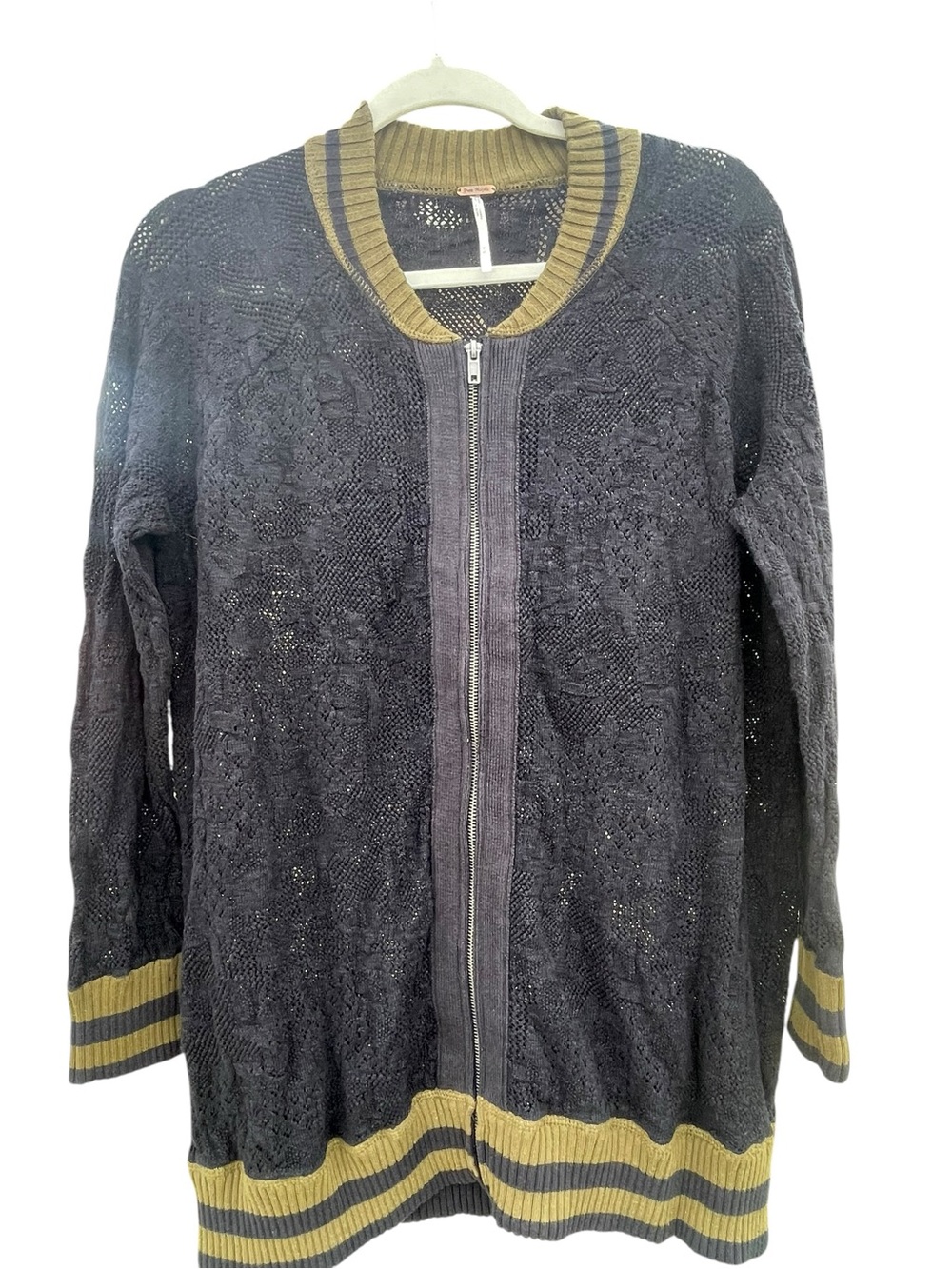 Free People Black Knit Zip sweater Medium boho varsity